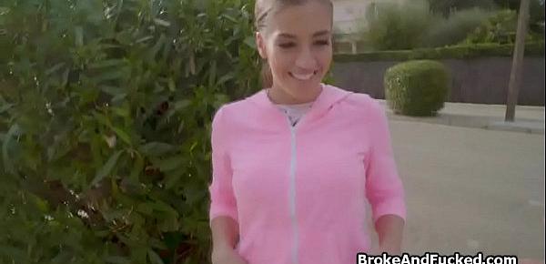  Fit busty babe pleases cock outdoors for money